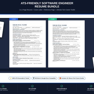 Plantilla de currículum para ingeniero de software, paquete de currículum para ATS, currículum técnico en Word y Google Docs, carta de presentación, CV de desarrollador, currículum de TI + bono