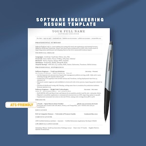 May include: A white software engineering resume template with black text, featuring sections for professional summary, technical skills, experience, projects, education, and certifications. A silver and black pen rests on the right side.
