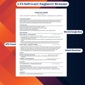 May include: A white resume template for a software engineer with black text, featuring sections for professional summary, technical skills, work experience, projects, education, and certifications. Text labels include ATS Software Engineer Resume, Word & Google Docs, ATS-Tested, and Instant Download.