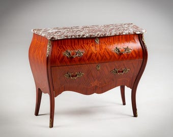 Antique Rococo Mahogany Nightstand with Red Marble Top and Brass Details