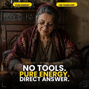 May include: A woman wearing glasses and a headscarf, examining tarot cards. The image includes the text "NO TOOLS. PURE ENERGY. DIRECT ANSWER." and "+20 YEARS EXP."