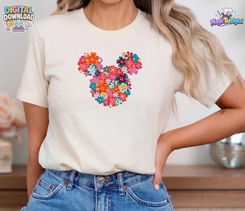 Blommig t-shirt med Musse Pigg-huvud, Disney-blommotiv PNG-nedladdning bild 5