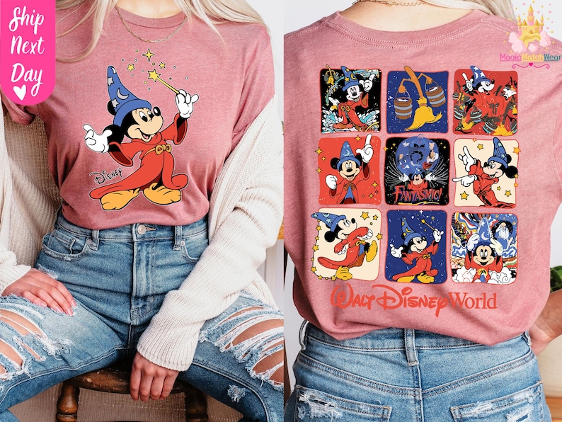 May include: A mauve long-sleeve t-shirt featuring Mickey Mouse as a wizard with a wand. The front of the shirt displays Mickey with a wand, while the back showcases a grid of Mickey Mouse images with the text "Walt Disney World".