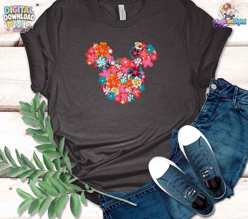 Blommig t-shirt med Musse Pigg-huvud, Disney-blommotiv PNG-nedladdning bild 1