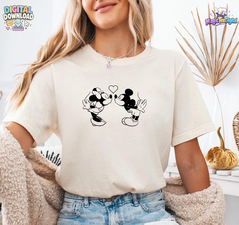 Retro Mickey Minnie Mouse Kissing Heart Love PNG Digital Download image 6