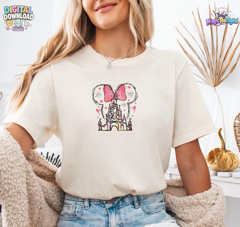 Download digitale PNG del castello di Minnie Mouse a forma di cuore, design per maglietta Disney Magic immagine 1