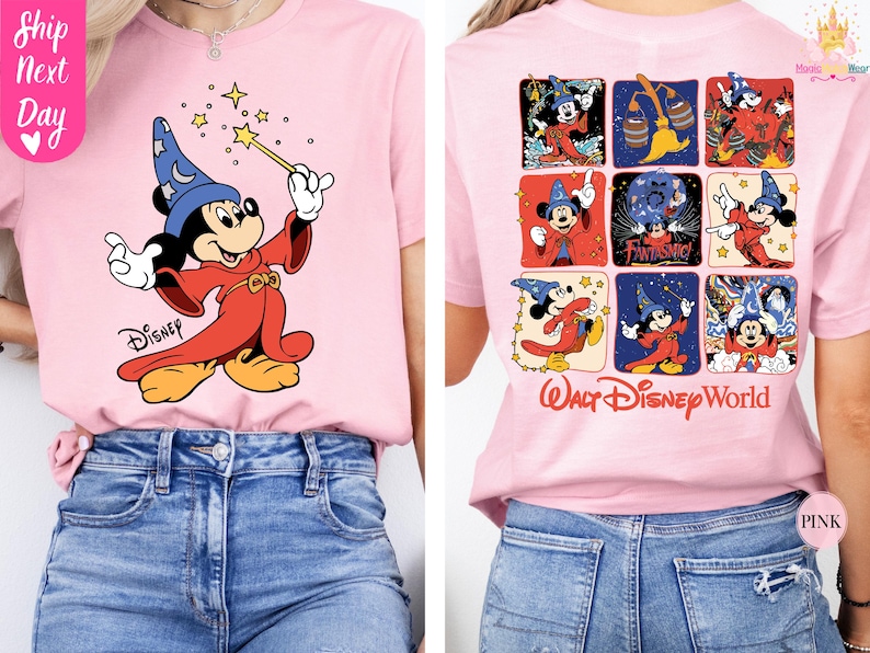 May include: Pink t-shirt featuring a graphic of Mickey Mouse as a sorcerer with a blue hat and red robe, holding a wand. The back of the shirt displays Mickey Mouse in various poses with the text "Walt Disney World".