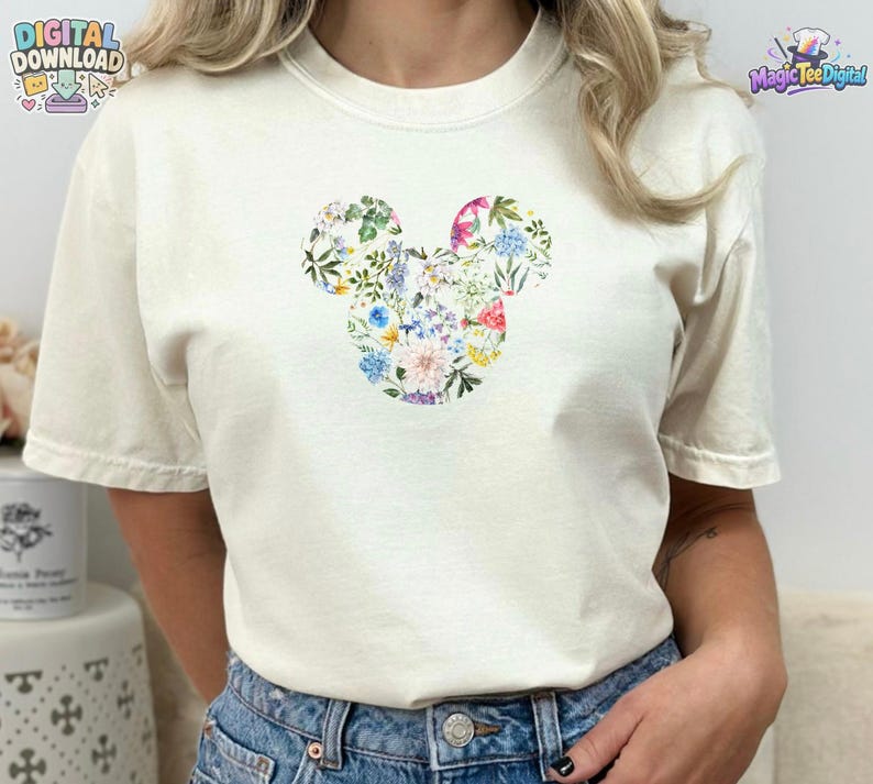 Blommig Musse Pigg-tröja med huvud, Disney-blommorörondesign PNG digital nedladdning bild 3