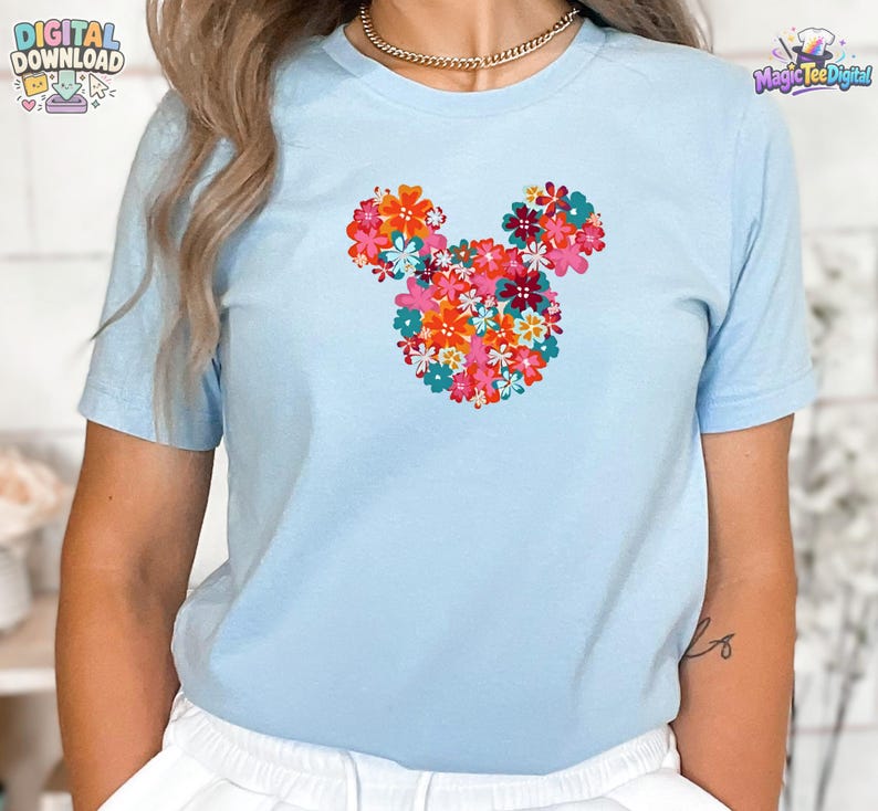 Blommig t-shirt med Musse Pigg-huvud, Disney-blommotiv PNG-nedladdning bild 4