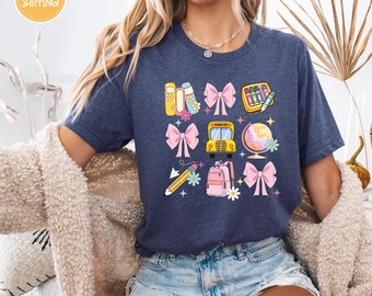 Terug naar school shirts, shirt coquette school, T-shirt leraar coquette roze strik, schattig cadeau leraar, eerste schooldag T-shirt, leraar png digitaal