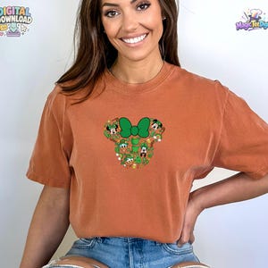 Pu&ograve; includere: Una t-shirt a maniche corte color ruggine con un design grafico centrale a forma di sagoma di testa di topo. La grafica &egrave; composta da trifogli verdi, cappelli da leprecano e piccoli personaggi dei cartoni animati con cappelli verdi.