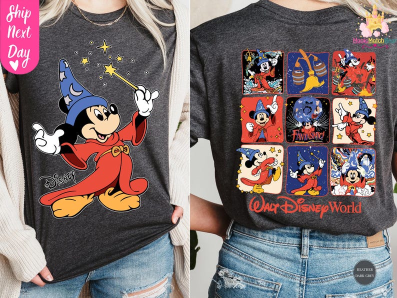 May include: Dark gray t-shirts featuring Mickey Mouse in a wizard costume. One shirt shows Mickey with a wand, the other displays a grid of Mickey Mouse images with "Walt Disney World" text.