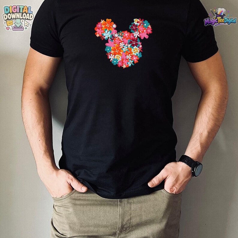 Blommig t-shirt med Musse Pigg-huvud, Disney-blommotiv PNG-nedladdning bild 6
