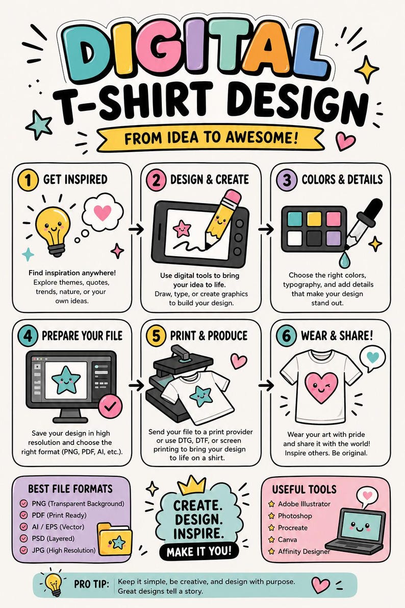 Puede incluir: Una infograf&iacute;a colorida titulada "DIGITAL T-SHIRT DESIGN" gu&iacute;a a los usuarios desde la idea hasta lo asombroso. Describe pasos como inspiraci&oacute;n, dise&ntilde;o, preparaci&oacute;n de archivos, impresi&oacute;n y compartir. Incluye formatos de archivo y sugerencias de herramientas.