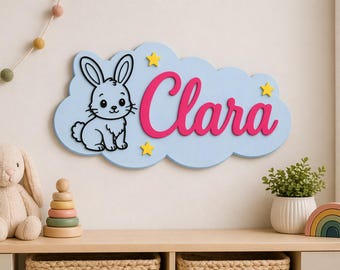 Placa personalizada com o nome do bebê e animais – Decoração de parede personalizada para quarto de bebê, placa em formato de nuvem para quarto infantil, presente para chá de bebê