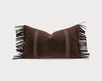 Dark Brown Suede Lumbar Pillow Cover, Leather Trim Tassel Cushion, Western Farmhouse Boho Decor