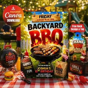 Op de afbeelding: Een digitale uitnodigingsflyer voor een barbecue verjaardagsfeest met een houtskoolgrill, eten en de tekst FRIDAY AUGUST 16 AT 3PM, BACKYARD BBQ, JOSHUA'S 10TH BIRTHDAY, 1234 ANY STREET, USA, en RSVP TO BECKY 065-283-123.