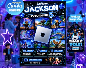Roblox Geburtstagseinladung Junge, Blocky Spiel Party einladen, Kinder Canva Vorlage (5x7 printable)