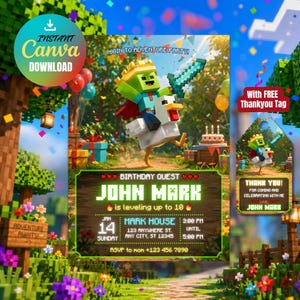 Puede incluir: Una invitación digital para una fiesta de cumpleaños con temática de Minecraft. El diseño presenta un personaje pixelado montado en un pollo, sosteniendo una espada, y el texto "Join to Adventure Party!". La invitación incluye detalles de la fiesta y una etiqueta de "Gracias".