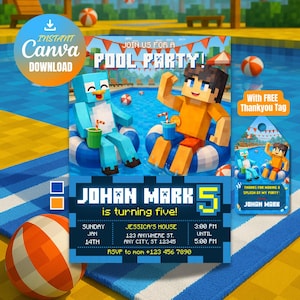 Pode incluir: Um convite digital para festa na piscina com personagens em blocos. O texto inclui JOIN US FOR A POOL PARTY, JOHAN MARK is turning five, Sunday Jan 14th, Jessica's House, 123 Anywhere St, 3:00 PM until 5:00 PM, e RSVP to mom +123 456 7890.