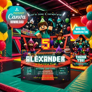Op de afbeelding: Een verjaardagsuitnodiging met Minecraft-thema met de tekst "Happy Birthday" en "Alexander is turning five!". De uitnodiging bevat feestdetails en een bijpassend bedanklabel.
