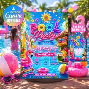 May include: A digital pool party invitation and matching thank you tag featuring neon-style text, a pink flamingo float, a surfboard, a beach ball, and tropical palm leaves. The invitation includes event details for Avery's 12th birthday.