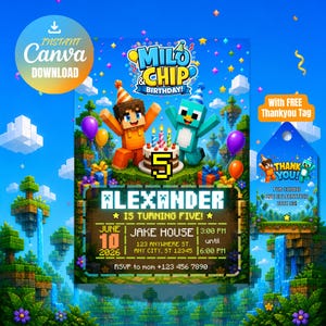 Pode incluir: Um convite digital de aniversário com o tema Minecraft, com o texto "Milo & Chip Birthday!" e "Alexander está fazendo cinco anos!" com detalhes do evento. Inclui uma etiqueta de agradecimento. O design é colorido com personagens pixelados, balões e um bolo.