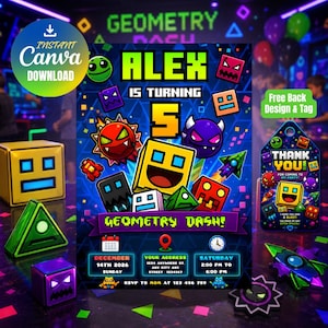 Geometry Dash Birthday Invitation, Tag+Back Design | Kids Birthday Invite | Canva Digital 5x7| Instant Download Canva Template