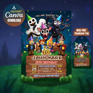 May include: A digital birthday party invitation featuring cartoon characters and the text "YOU ARE INVITED TO" at the top. The invitation includes the name "JOHN MARK" and the age "10". The design includes a thank you tag.