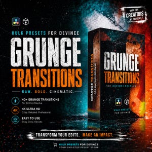May include: A digital product box for Hulk Presets for DaVinci Resolve featuring the text Grunge Transitions. The design uses a high-contrast color palette of blue, orange, and black with a textured, distressed aesthetic and technical icons.