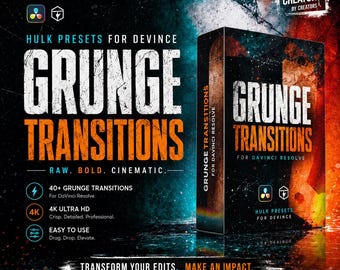 Grunge Transitions for DaVinci Resolve | 40+ Cinematic Effects Pack (Digital Download)