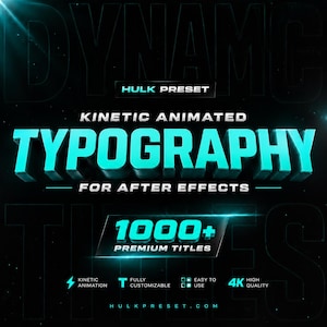 Puede incluir: Un gráfico digital para Hulk Preset con el texto Kinetic Animated Typography For After Effects en letras 3D de color cian brillante sobre un fondo oscuro. Incluye el texto 1000+ Premium Titles e iconos para animación, personalización y calidad 4K.