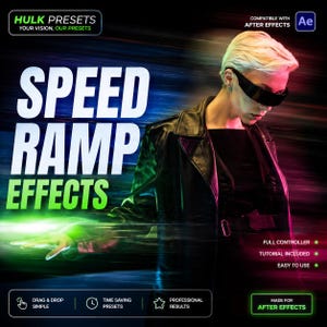 May include: A digital graphic for Hulk Presets Speed Ramp Effects compatible with After Effects. It features a person in a black leather jacket and futuristic visor against a motion-blurred background with neon green, blue, and red light streaks.