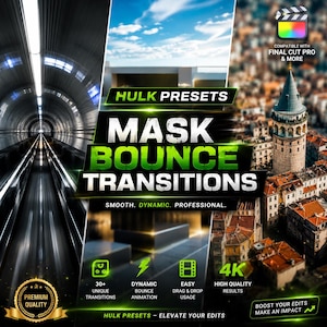 May include: A digital product advertisement for Hulk Presets Mask Bounce Transitions. The graphic features a tunnel, a sky, and a city tower. Text includes HULK PRESETS, MASK BOUNCE TRANSITIONS, SMOOTH. DYNAMIC. PROFESSIONAL., 30+ UNIQUE TRANSITIONS, 4K HIGH QUALITY RESULTS, and COMPATIBLE WITH FINAL CUT PRO & MORE.
