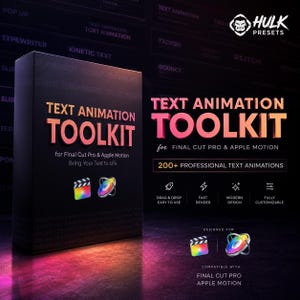 Puede incluir: Una caja negra y pantalla digital para el Hulk Presets Text Animation Toolkit para Final Cut Pro y Apple Motion. El diseño presenta texto en degradado rosa y naranja, iconos de software y etiquetas para más de 200 animaciones de texto.