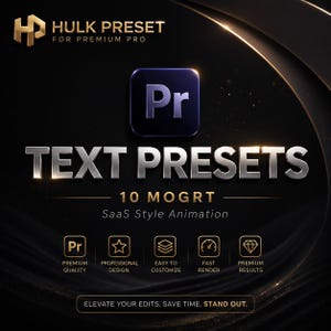 Puede incluir: Un gráfico digital para Hulk Preset for Premium Pro que muestra el logotipo de Adobe Premiere Pro, el texto "TEXT PRESETS 10 MOGRT SaaS Style Animation" y cinco iconos que representan calidad premium, diseño y rapidez.