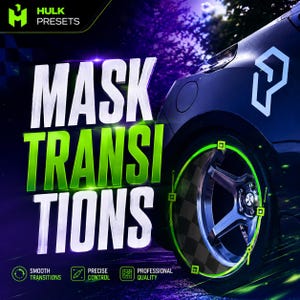 May include: A digital graphic advertisement for Hulk Presets featuring the text MASK TRANSITIONS in large white and green letters. The image displays a car wheel with a bright green circular mask overlay and a checkered pattern inside the wheel rim.