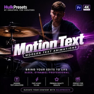 May include: Image promoting "Motion Text" animations for video editing. The image features a drummer with drumsticks, with the text "Motion Text" in large, stylized letters. Additional text highlights features like "Sleek, Dynamic, Professional."