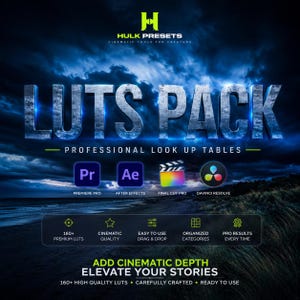 Pode incluir: Um anúncio de produto digital para o pacote de LUTs Hulk Presets com texto metálico grande contra um fundo costeiro escuro e tempestuoso. Exibe ícones de software para Premiere Pro, After Effects, Final Cut Pro e DaVinci Resolve.