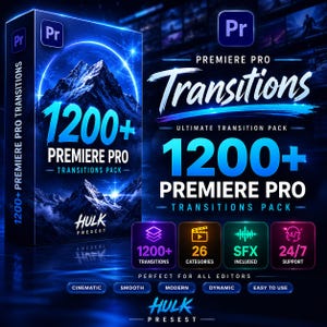 Puede incluir: Una caja de producto para transiciones de Premiere Pro, con un diseño de paisaje montañoso en azul y blanco. El texto dice "1200+ Premiere Pro Transitions Pack" e incluye iconos para transiciones, categorías, SFX y soporte 24/7.