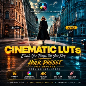 Könnte beinhalten: Werbung für "Cinematic LUTs" mit einer Frau in einem schwarzen Mantel auf einer Stadtstraße. Das Bild ist in "Vorher" und "Nachher" unterteilt. Text enthält "Hulk Preset" und "Premium LUTs Store".