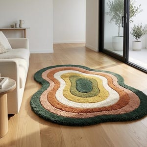 Unregelmäßiger organischer getufteter Teppich, gewellter Retro-Akzentteppich, Boho-Wohnzimmerdekor