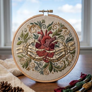 Könnte beinhalten: Ein runder Stickrahmen aus Holz mit einem Stoffeinsatz, der ein detailliertes, handgesticktes Motiv eines roten anatomischen Herzens zeigt, das von zwei Skeletthänden gehalten und von grünen und goldenen floralen Stickereien umrahmt wird.