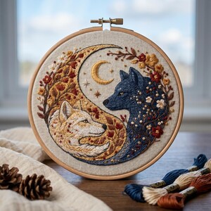 May include: A circular wooden embroidery hoop containing a fabric panel with a hand-stitched design of two wolves forming a yin-yang shape. One wolf is white and gold, the other is dark blue, both surrounded by embroidered flowers and a crescent moon.