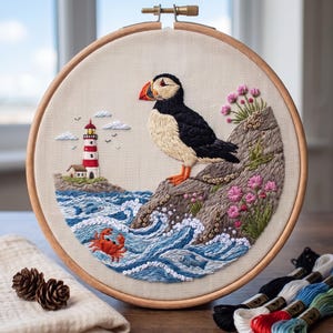 Puede incluir: Un bastidor de bordado circular de madera que contiene un panel de tela con una escena bordada a mano de un frailecillo posado en un acantilado rocoso, un faro rojo y blanco, olas azules, un cangrejo rojo, dos peces y flores rosas.