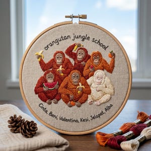 Puede incluir: Un bastidor de bordado circular con un panel de tela que muestra orangutanes bordados comiendo fruta. El texto dice orangutan jungle school y Cinta, Beni, Valentino, Kesi, Jelapat, Alba. Los orangutanes están representados en tonos naranja, rojo y blanco.