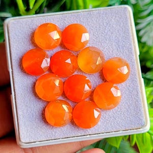 May include: A collection of ten faceted, round, orange gemstones displayed in a small, rectangular, gray container. The gemstones have a polished, reflective surface and are arranged in a grid pattern. The background features green foliage.