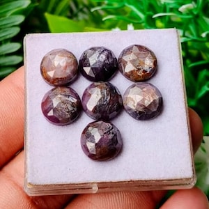 Könnte beinhalten: Sieben runde, facettierte Edelsteine in tiefen rot-violetten und dunkelbraunen Farbtönen. Jeder Stein weist einen geometrischen Schliff mit mehreren dreieckigen Facetten auf und ist in einer Gruppe auf einem hellvioletten, quadratischen Pad angeordnet.