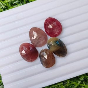 May include: Five oval-shaped, faceted gemstones arranged in a cluster. The stones display a variety of colors including deep red, light pinkish-brown, dark brown, and a multi-colored stone featuring blue, yellow, and brown hues with a polished finish.