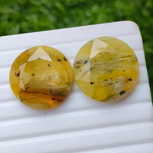 May include: Two round, faceted gemstones with a translucent yellow and amber hue. The stones feature internal cloudy white inclusions and dark, branch-like dendrite patterns scattered throughout their polished, circular surfaces.
